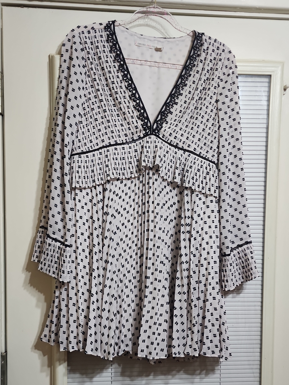 Cream/white  and Black Patterned Ruffle Mini Dress